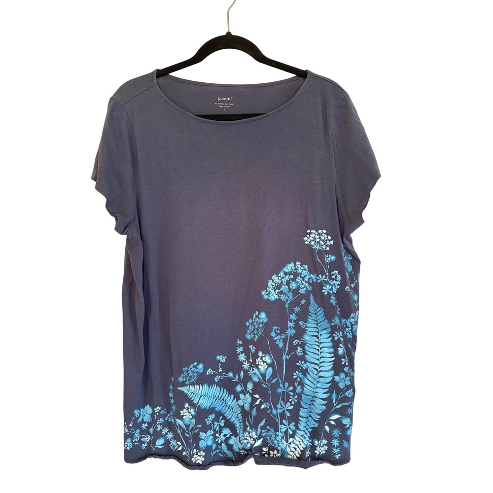 Pure‎ Jill Floral Knit Tunic Navy Blue Fern Print Short Sleeve Top XL